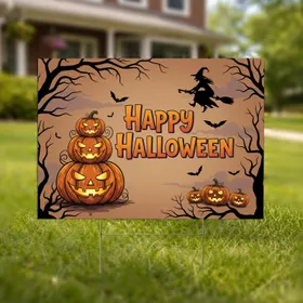 Happy Halloween Jack-O-Lantern Witch Bats - Autumnal Holiday Celebration Yard Sign