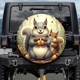 Fluffy Grey Brown Squirrels Nuts Autumn Leaves Wildlife Lover Gift for Squirrel Lovers Spare Tire Cover