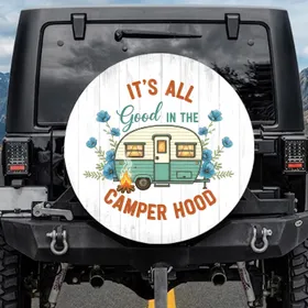 Vintage Camper Campfire Blue Flowers 'Camper Hood' - Outdoor Explorer Gift Spare Tire Cover