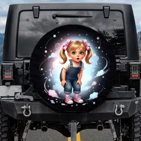 Blonde Girl Pink Bow Pigtails Overalls - Everyday Vehicle Style Gift for Young Girls Spare Tire Cover