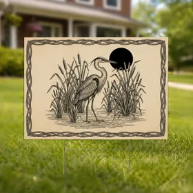 Heron Wading Bird Marsh Reeds Cattails Black Disc - Wildlife Lover Home Decor Gift Yard Sign
