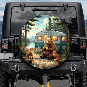 Teacup Bear Red Fox Retro Travel Trailer Forest - Wildlife Camper Gift Spare Tire Cover