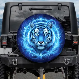 Electric Blue Siberian Tiger Head Swirling Energy Mist - Adventure Gear Gift Spare Tire Cover