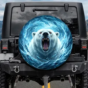 Polar Bear Roaring Fangs Arctic Ice Storm Glowing Eyes - Wildlife Lover Gift Spare Tire Cover