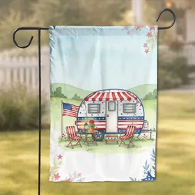 Vintage Camper American Flag Picnic Setup - Independence Day Home Decor Gift for Travel Lovers Garden Flag