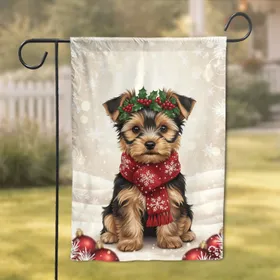 Yorkshire Terrier Puppy Holly Wreath Christmas Home Decor Gift for Dog Lovers Garden Flag