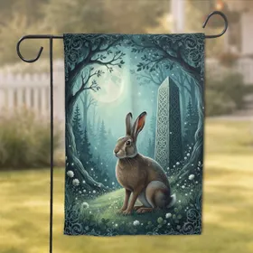 Brown Hare Ancient Celtic Stone Moonlit Forest - Nature Lover Home Decor Gift Garden Flag