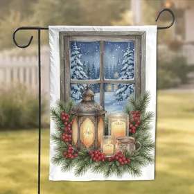 Ornate Lantern Candles Red Berries - Snowy Forest Winter Window Home Decor Garden Flag