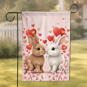 Bunnies Hearts Pink Blossoms - Anniversary Home Decor Gift for Couple Garden Flag