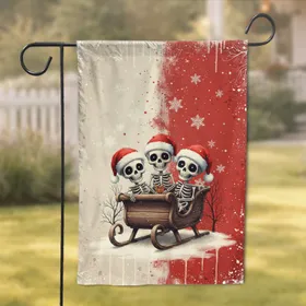 Grinning Skeletons Santa Hats Sleigh Present Snowflakes - Christmas Gift Garden Flag