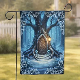Ornate Gothic Arch Fairy Door Snow-Covered Tree Winter Forest Lantern Home Decor Gift Garden Flag