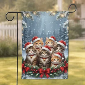 Five Fluffy Kittens Santa Hats Winter Evergreen Boughs - Christmas Holiday Home Decor Garden Flag