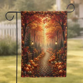 Pumpkins Gourds Autumn Forest Cobblestone Path - Fall Decor Garden Flag