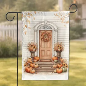 Rustic Autumn Porch Entrance with Pumpkins Wreath - Fall Harvest Home Decor Gift Garden Flag