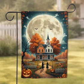 Haunted House Witches Full Moon Jack-o-Lantern Halloween Decor Garden Flag