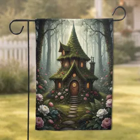 Mossy Fairy Cottage Amber Light Windows Peonies Forest - Home Decor Gift Garden Flag