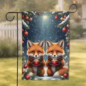 Baby Red Foxes Christmas Scarves Teacups Winter Snow Pine Branches - Holiday Decor Garden Flag
