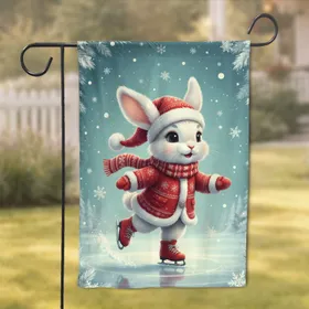 White Bunny Ice Skating Christmas Snowflake - Winter Holiday Home Decor Gift Garden Flag