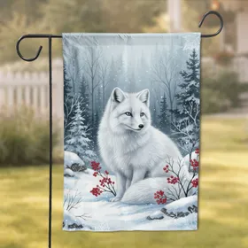 Arctic Fox Winter Forest Red Berries - Wildlife Lover Home Decor Gift Garden Flag