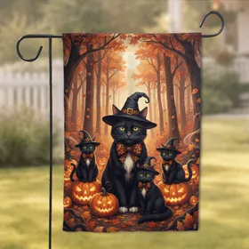 Black Cats Witch Hats Jack-o-Lanterns Halloween Decor Gift for Cat Lover Garden Flag