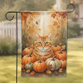 Orange Tabby Cat Heirloom Pumpkins Autumn Leaves - Fall Home Decor Gift for Cat Lover Garden Flag