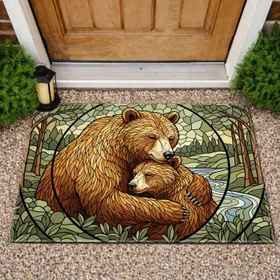 Mother Brown Bear Cub Embrace Nature Scene - Mother's Day Home Decor Wildlife Gift Doormat