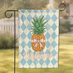 Plaid Bow Pineapple Green Leaves Welcome Argyle Diamond Home Decor Gift Garden Flag