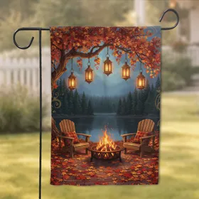 Autumn Lakeside Fire Pit Lanterns Adirondack Chairs - Autumn Home Decor Gift Garden Flag