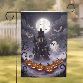 Grinning Jack-o'-Lanterns Haunted Houses Sheet Ghost 'Boo!' Sign Full Moon Halloween Decor Garden Flag