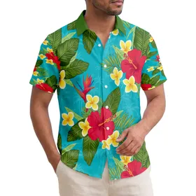 Red Hibiscus Yellow Plumeria Bird of Paradise Tropical Leaves Everyday Style Hawaiian Shirt