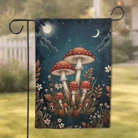 Amanita Muscaria Mushrooms Forest Moons Stars - Woodland Home Decor Gift for Mushroom Lovers Garden Flag