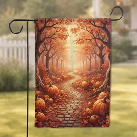 Magical Forest Autumn Leaves Pumpkins Cobblestone Path - Autumn Home Decor Garden Flag
