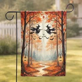 Witches Flying Brooms Bats Autumn Forest - Halloween Decor Gift for Witch Lovers Garden Flag