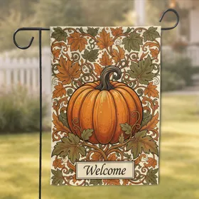 Orange Pumpkin Autumnal Vines Welcome Sign - Fall Home Decor Gift Garden Flag