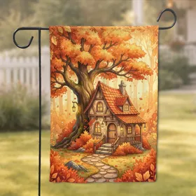 Fantasy Cottage Ancient Tree Autumn Forest with Fireflies - Fall Season Home Decor Gift Garden Flag