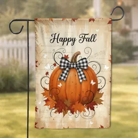 Happy Fall Pumpkin Buffalo Plaid Autumn Leaves - Rustic Home Decor Gift Garden Flag