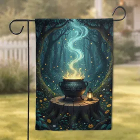 Mysterious Ornate Cauldron Tree Stump Firefly Lantern Dark Forest - Home Decor Gift Garden Flag