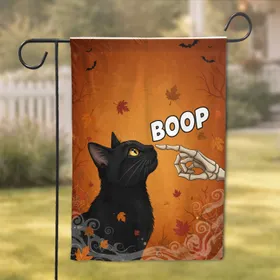 Black Cat Boop Skeletal Hand Autumn Leaves - Halloween Home Decor Gift Garden Flag