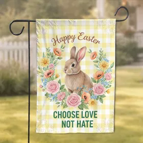 Watercolor Rabbit Gingham Floral Wreath - Happy Easter Spring Holiday Gift Garden Flag
