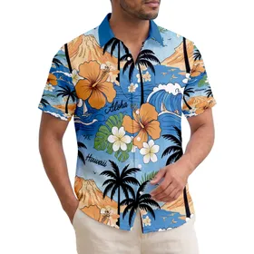 Palm Tree Volcano Ocean Hibiscus Aloha Hawaii - Tropical Island Travel Gift Hawaiian Shirt