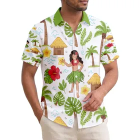 Smiling Hula Dancers Palm Trees Beach Hut Hibiscus - Tropical Vacation Beach Lover Gift Hawaiian Shirt