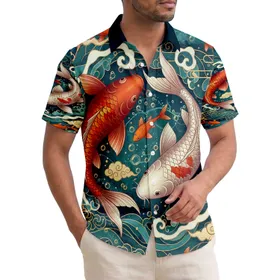 Reddish-Orange Koi Fish White Koi Fish Asian Cloud Waves - Aquatic Wildlife Lover Gift Hawaiian Shirt