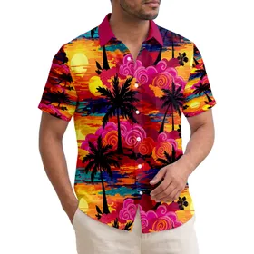 Tropical Palm Trees Sun Disk Clouds Sunset Ocean Waves - Beach Getaway Gift Hawaiian Shirt