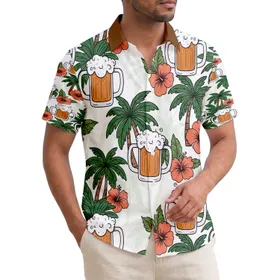 Frothy Beer Mugs Palm Tree Hibiscus Flowers - Tropical Summer Celebration for Beer Lover Hawaiian Shirt