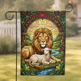Lion Lamb Stained Glass Floral Heart Archway - Peaceful Home Decor Gift Garden Flag
