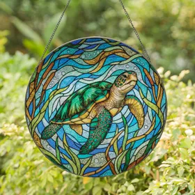 Sea Turtle Aquatic Plant Underwater Mosaic - Wildlife Lover Home Decor Gift Stained Glass Suncatcher