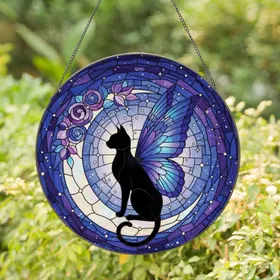 Black Winged Cat Crescent Moon Stars Flowers - Home Decor Gift for Cat Lover Stained Glass Suncatcher