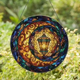 Ornate Crescent Moon Antique Lantern Cosmic Nebulae - Home Decor Gift for Moon Lover Stained Glass Suncatcher