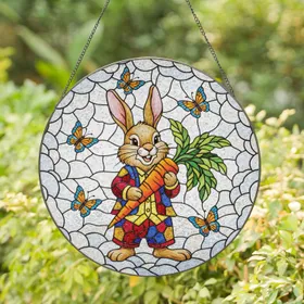 Rabbit Patchwork Vest Carrot Blue Orange Butterflies Spring Decor Gift for Rabbit Lover Stained Glass Suncatcher