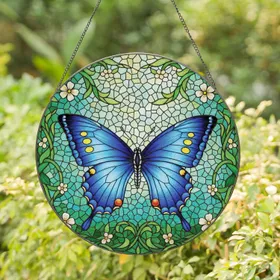 Blue Swallowtail Butterfly Floral Garden Mosaic - Home Decor Gift Stained Glass Suncatcher
